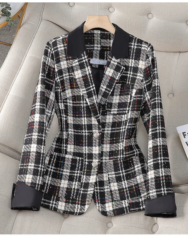 Black White Plaid Coat  Short Suit Jacket Single Breasted Outwear