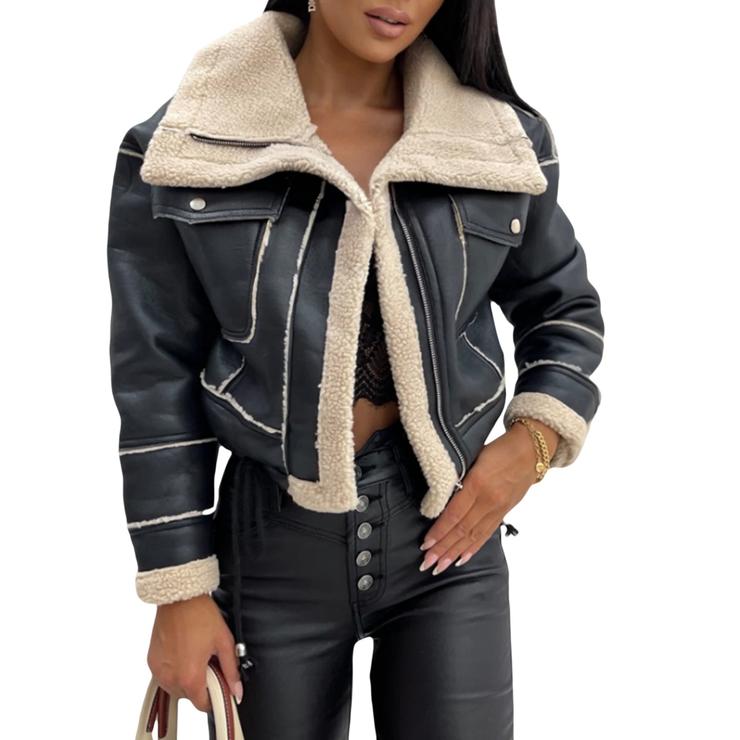 Winter Jacket, Long Sleeve Zipper Closure Patchwork with Pockets