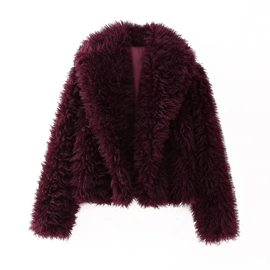 Faux Fur Casual Jacket  Pure Color Lapel Warm Oversized