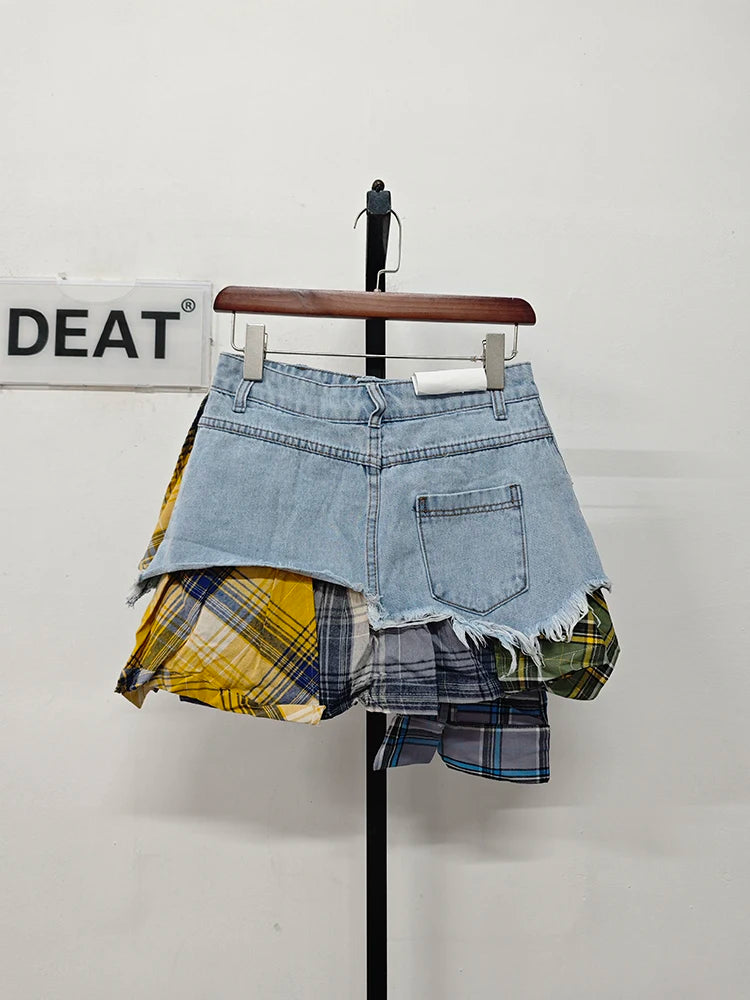 Denim Skirt Colored Plaid Patchwork Irregular Mini Skirt