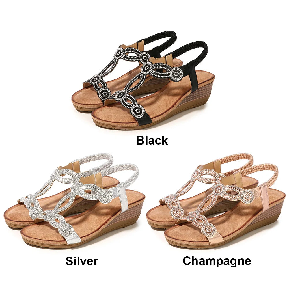 Sandals Open Toe Rhinestone Walking Shoes Elastic Ankle Strap