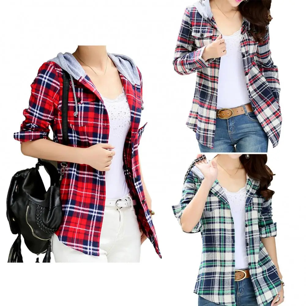 Women Shirt Fashion Loose Long Sleeve Cardigan Coat Classic Plaid Hood Button-up Cotton Shirt Coat Women's Clothing