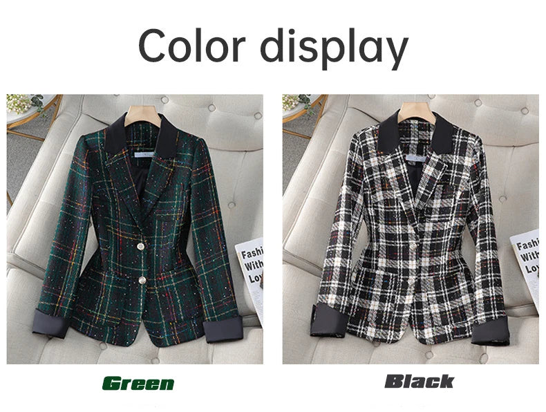 Black White Plaid Coat  Short Suit Jacket Single Breasted Outwear