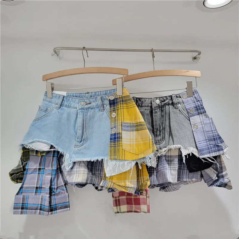 Denim Skirt Colored Plaid Patchwork Irregular Mini Skirt