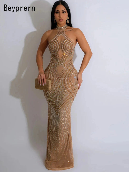 Rhinestones Décor Long Maxi Dress Backless