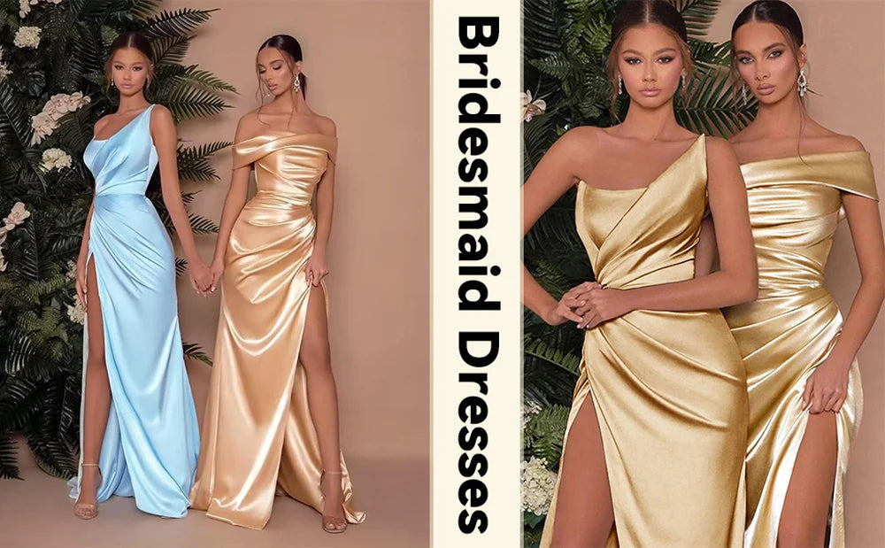 Champagne Satin Evening Dresses Women Off Shoulder Sexy High Split Ruched Bust Waist Pleat Prom Formal Party Gown Robe De Soiree