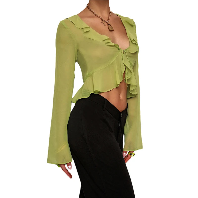 Spring Summer  Sweet Ruffles Shirts Ladies Sheer Blouses