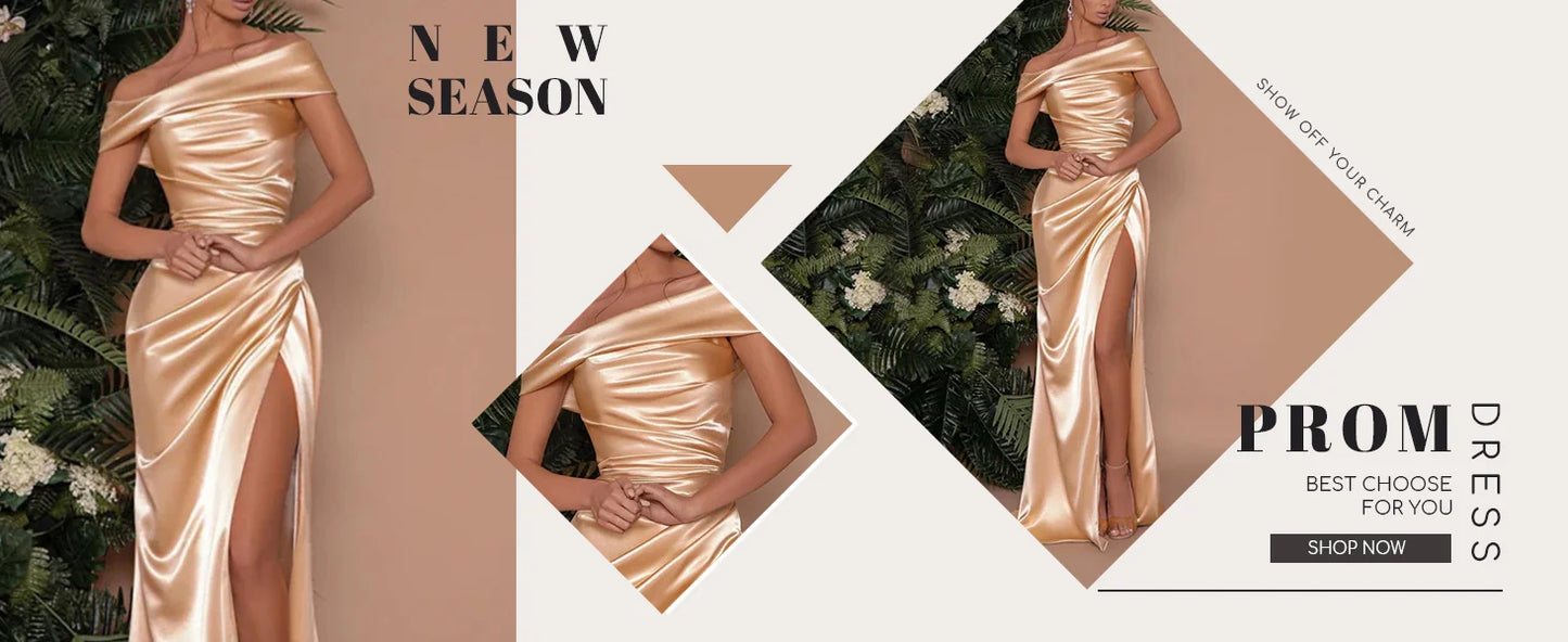 Champagne Satin Evening Dresses Women Off Shoulder Sexy High Split Ruched Bust Waist Pleat Prom Formal Party Gown Robe De Soiree