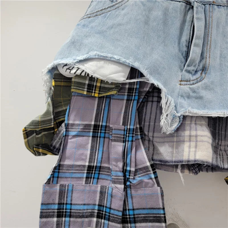 Denim Skirt Colored Plaid Patchwork Irregular Mini Skirt