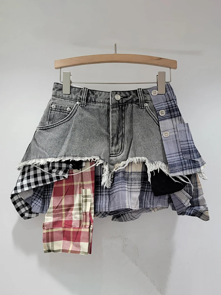 Denim Skirt Colored Plaid Patchwork Irregular Mini Skirt