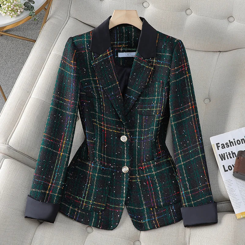 Black White Plaid Coat  Short Suit Jacket Single Breasted Outwear