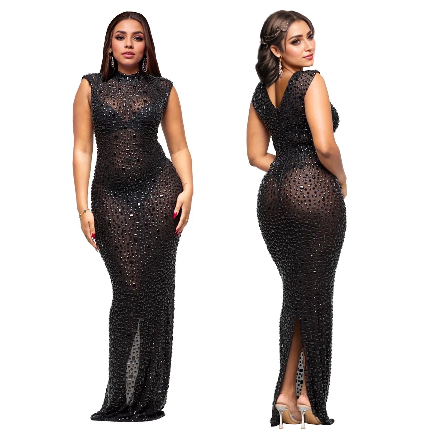 Diamonds Hot Rhinestones O-neck  Sleeveless Long Dress