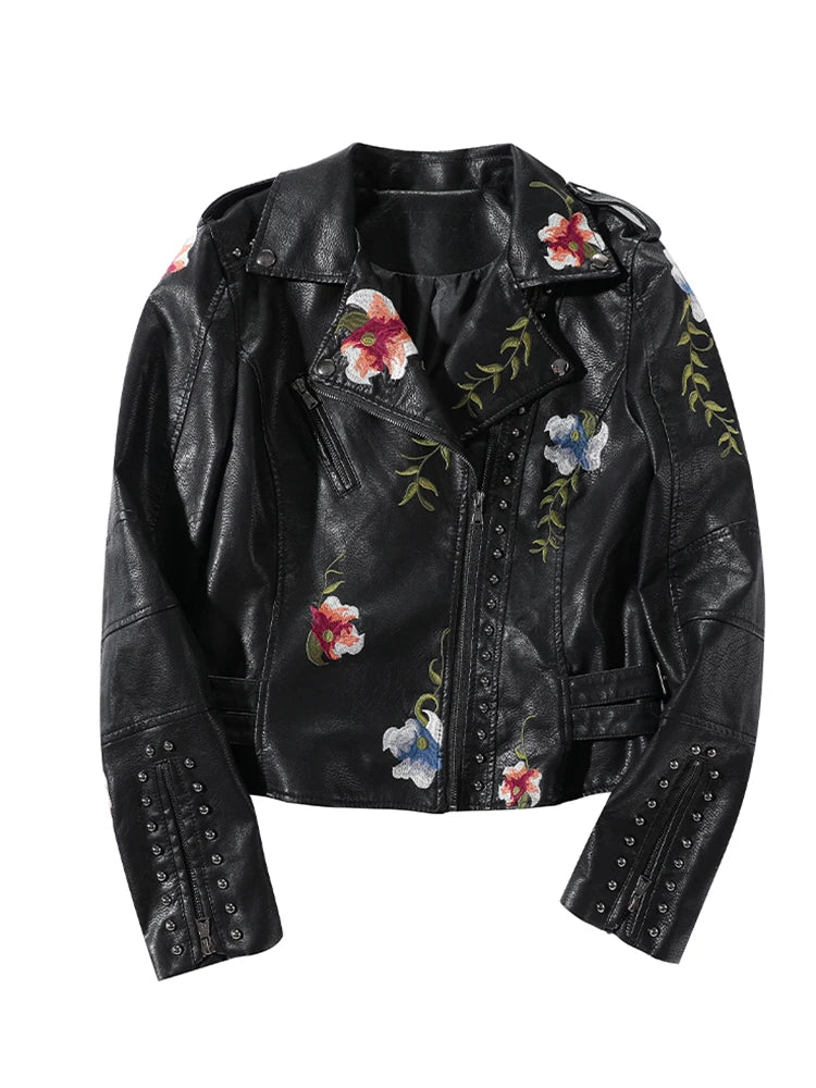 Biker Leather Jacket  Floral Print Embroidery Leather Jacket