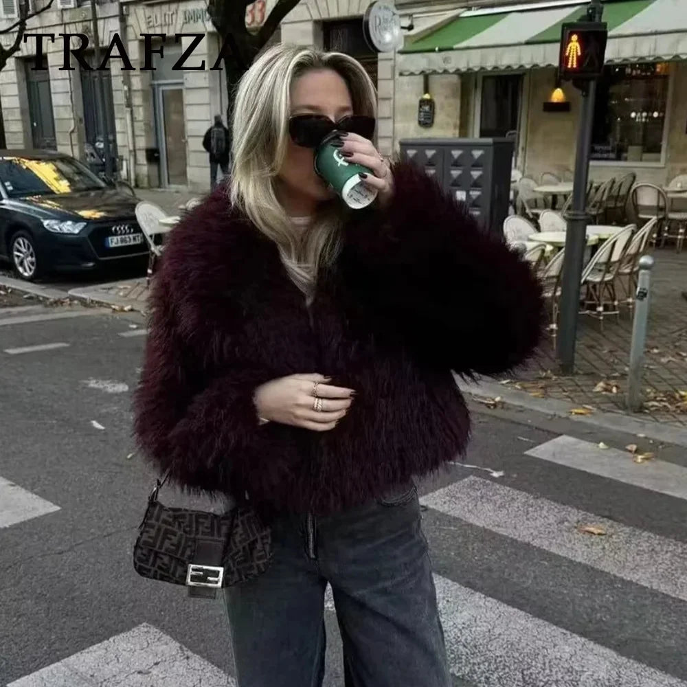 Faux Fur Casual Jacket  Pure Color Lapel Warm Oversized